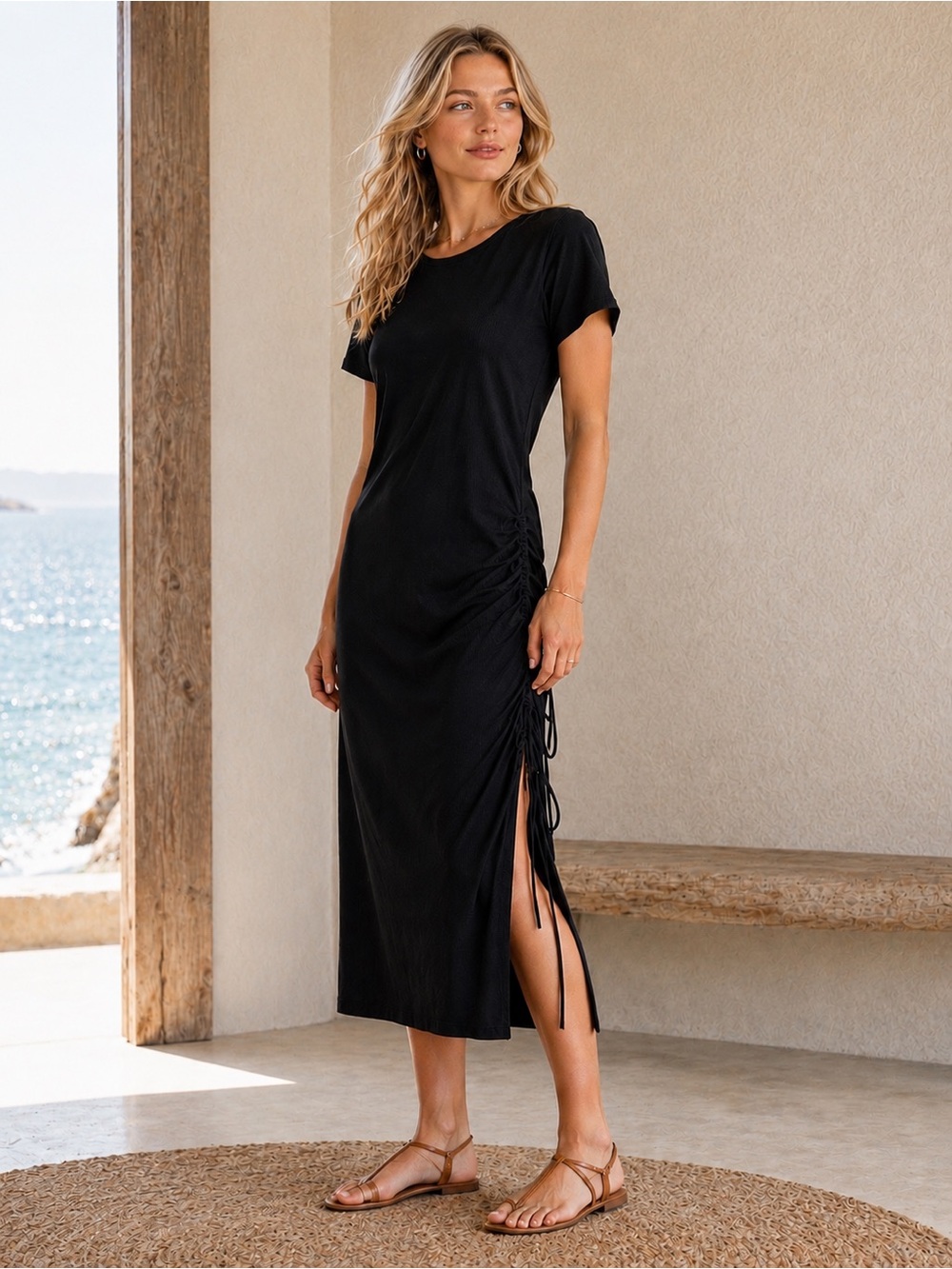 Line & Dot Ratha Ribbed Midi Dress Black Drawstring Side Slit Large - Picture 1 of 14